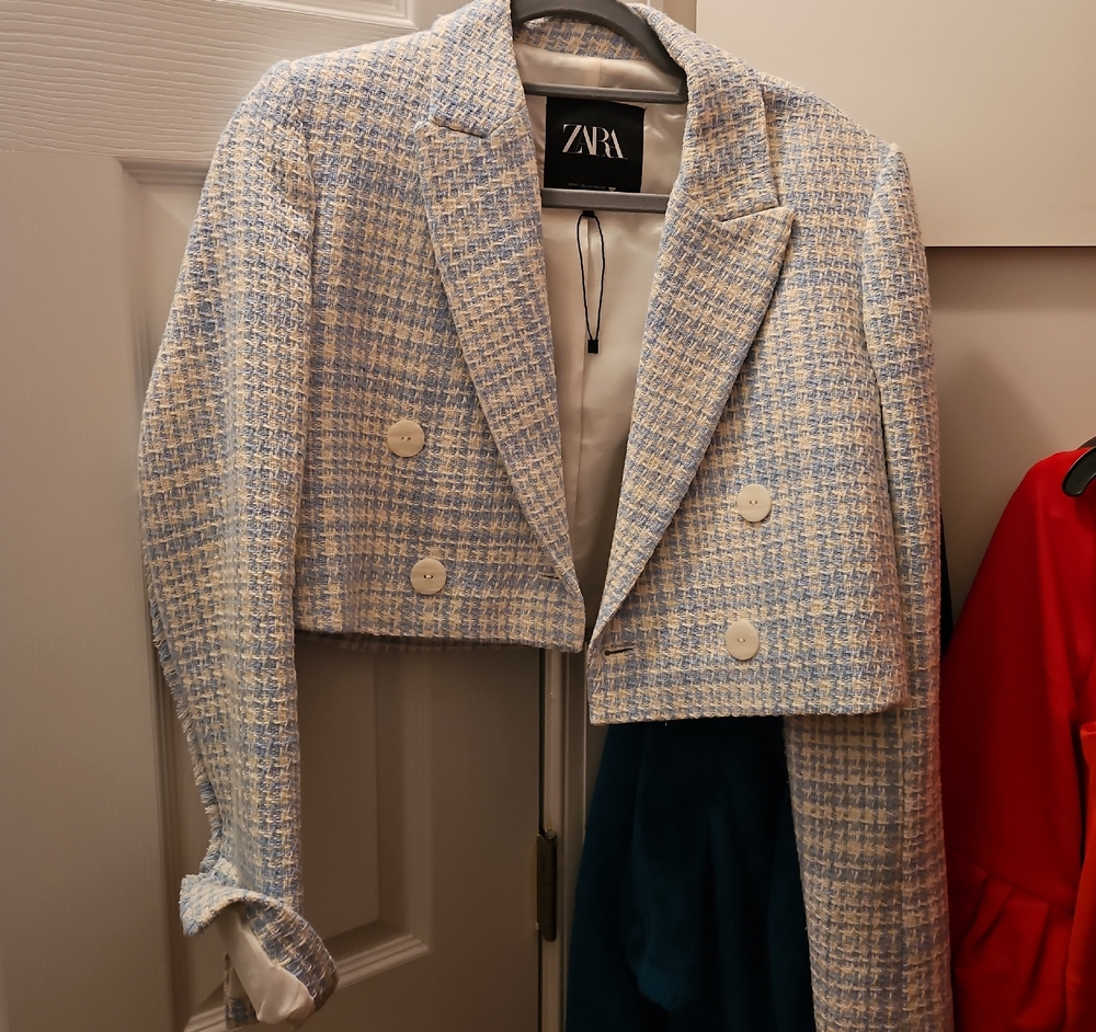 ZARA Light Blue and Cream Tweed Cropped Blazer